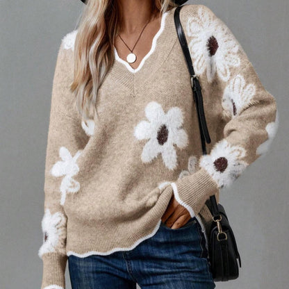 Women's Floral Pattern Scallop Trim Sweater