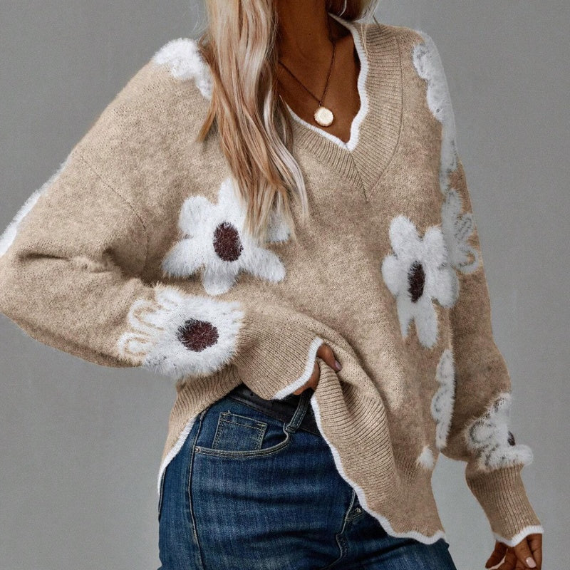 Women's Floral Pattern Scallop Trim Sweater