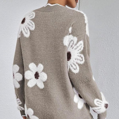 Women's Floral Pattern Scallop Trim Sweater