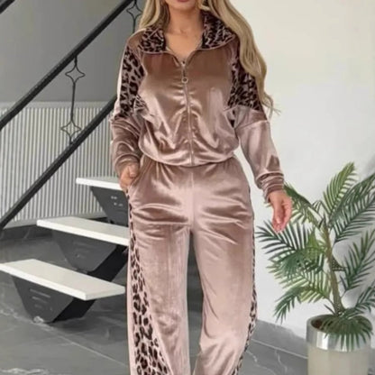 🔥2025 HOT SALE🔥 Women's Fashion Leopard Print Zipper Top＆Drawstring Pants (2-Piece Set)