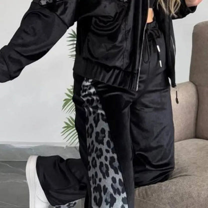 🔥2025 HOT SALE🔥 Women's Fashion Leopard Print Zipper Top＆Drawstring Pants (2-Piece Set)