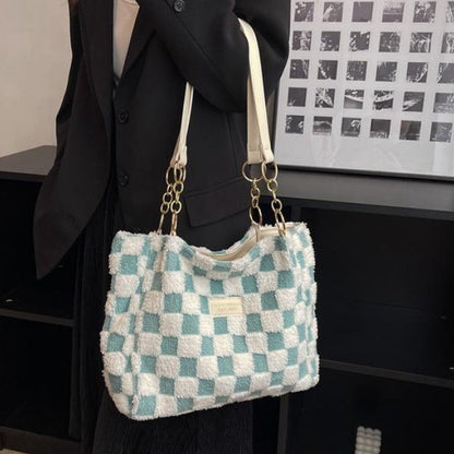 Women's Fashion Plush Plaid Shoulder Tote Bag