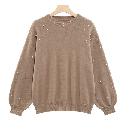 Women's Faux Pearls Round Neck Pullover Sweater
