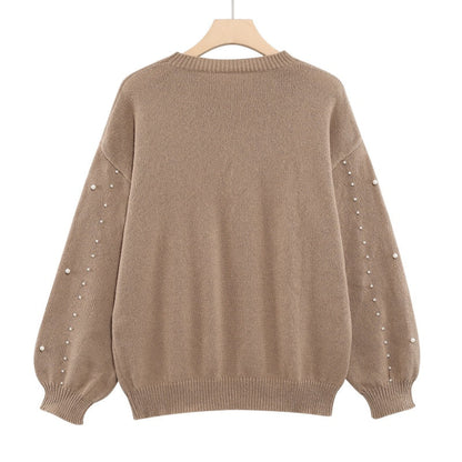 Women's Faux Pearls Round Neck Pullover Sweater