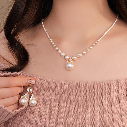 Vintage Elegant Zirconia Imitation Pearl Necklace & Earrings
