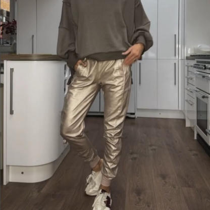 Gold Faux Leather Joggers with Pockets