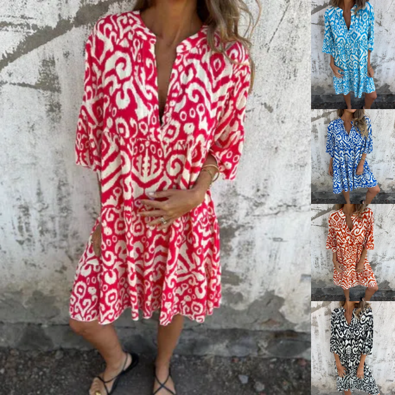 💖Limited Sale 42% OFF💖V-Neck Printed Three-Quarter Sleeve Dress