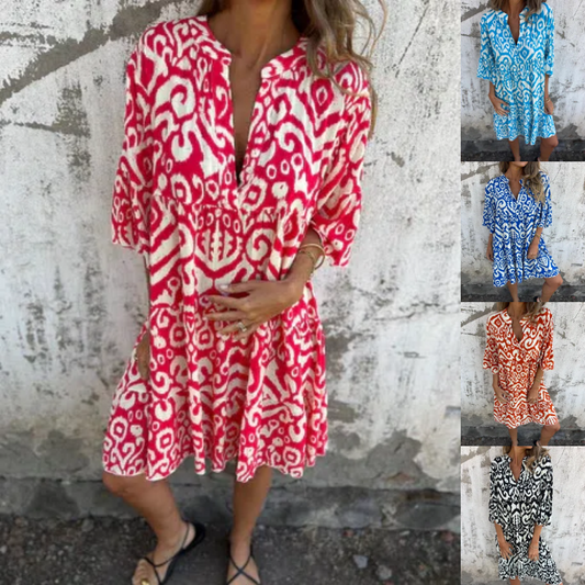 💖Limited Sale 42% OFF💖V-Neck Printed Three-Quarter Sleeve Dress