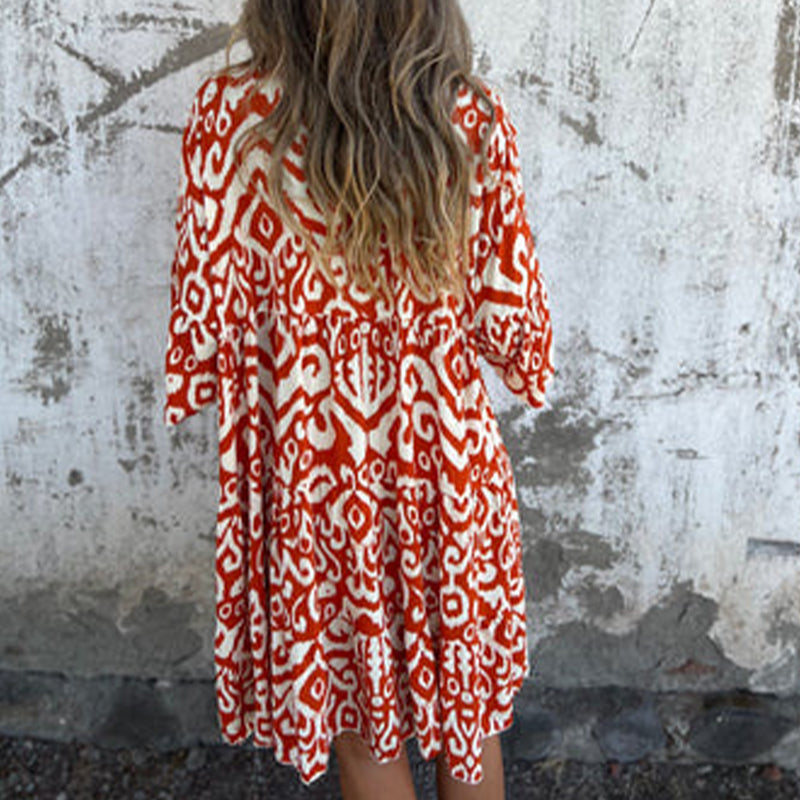 💖Limited Sale 42% OFF💖V-Neck Printed Three-Quarter Sleeve Dress