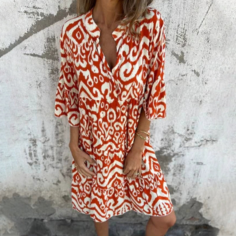 💖Limited Sale 42% OFF💖V-Neck Printed Three-Quarter Sleeve Dress