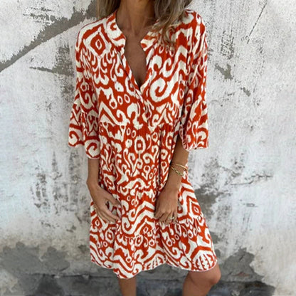 💖Limited Sale 42% OFF💖V-Neck Printed Three-Quarter Sleeve Dress