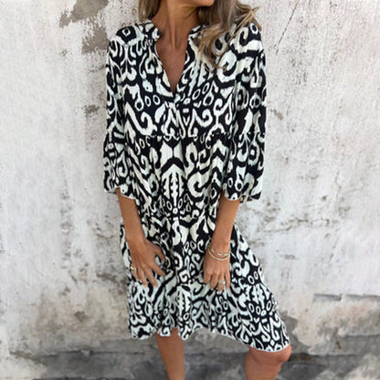 💖Limited Sale 42% OFF💖V-Neck Printed Three-Quarter Sleeve Dress