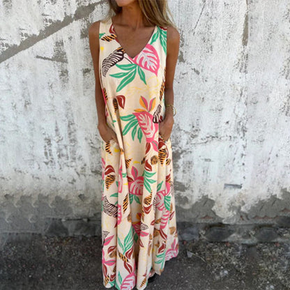 Women's Leaves Pattern V-Neck Sleeveless Floor-Length Dress