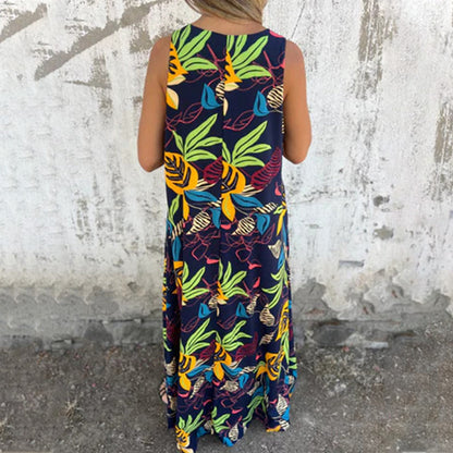 Women's Leaves Pattern V-Neck Sleeveless Floor-Length Dress