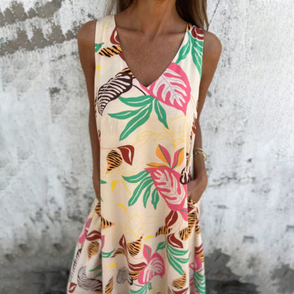 Women's Leaves Pattern V-Neck Sleeveless Floor-Length Dress