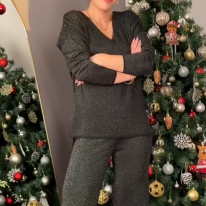 Sparkly V-Neck Tops ＆ Wide-Leg Pants Two-Piece Set