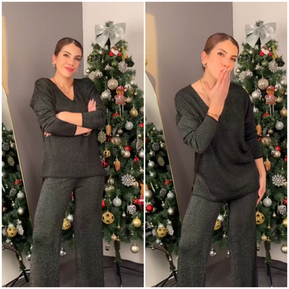 Sparkly V-Neck Tops ＆ Wide-Leg Pants Two-Piece Set