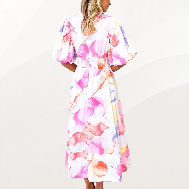 Floral Puff Sleeve A-Line Maxi Dress