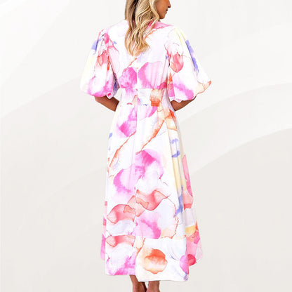 Floral Puff Sleeve A-Line Maxi Dress