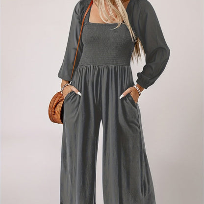 Women's Casual Long Sleeve Wide Leg Pants Jumpsuit