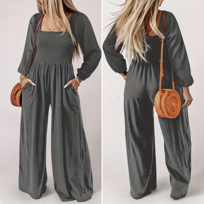 Women's Casual Long Sleeve Wide Leg Pants Jumpsuit