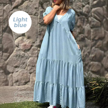 🌸Spring Specials💐 Loose V-neck Tiered Faux Denim Dress