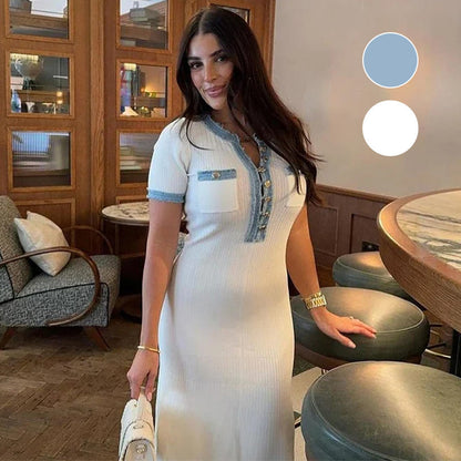 Fashionable Slim-Fit Knit Maxi Dress with Metal Buttons