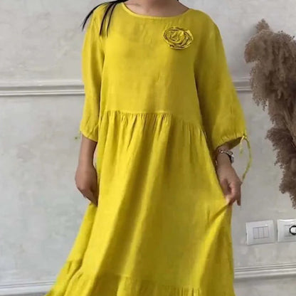 Women’s Elegant Round Neck Pleated Long Dress