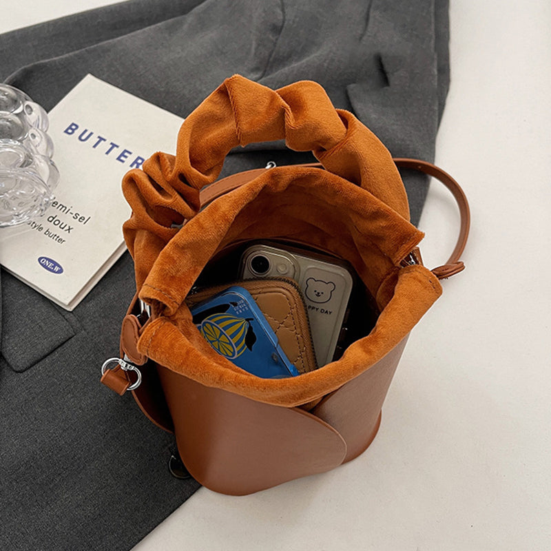 Handmade PU Leather Drawstring Bucket Bag for Women