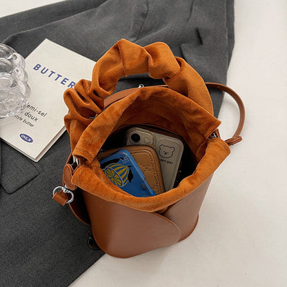 Handmade PU Leather Drawstring Bucket Bag for Women