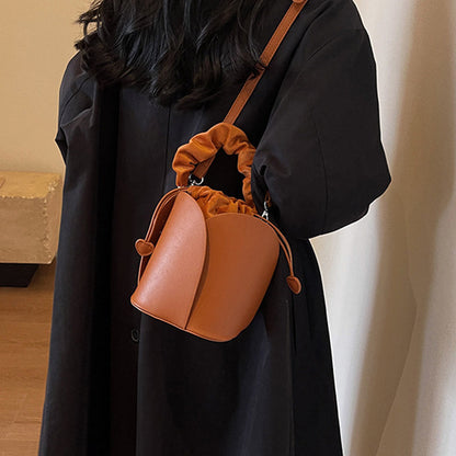 Handmade PU Leather Drawstring Bucket Bag for Women
