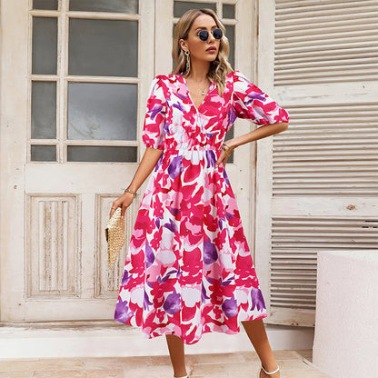 💖Last Day Sale 50% Off💖Women's V-neck Printed Casual Dress