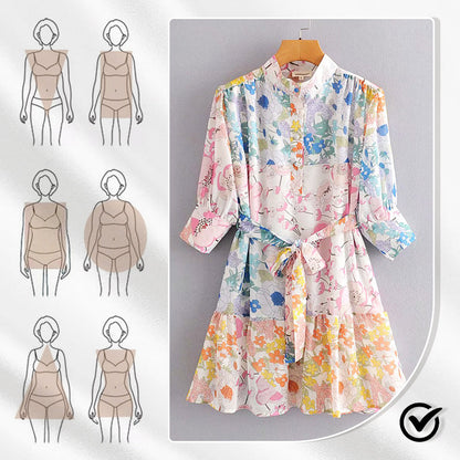 Tie Waist Button Down Mini Dress with Floral Print