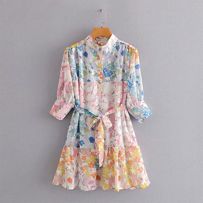 Tie Waist Button Down Mini Dress with Floral Print