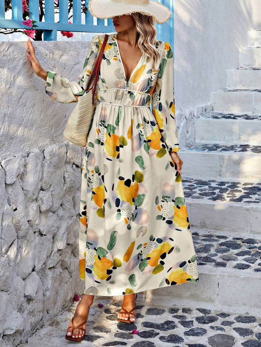 LUNE Random Print Deep V-Neck Lantern Sleeve Gathered Waist Dress