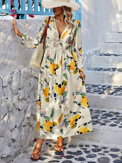 LUNE Random Print Deep V-Neck Lantern Sleeve Gathered Waist Dress