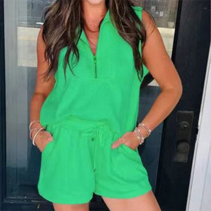 Women's Summer Half Zip Sleeveless Two-Piece Shorts Suit