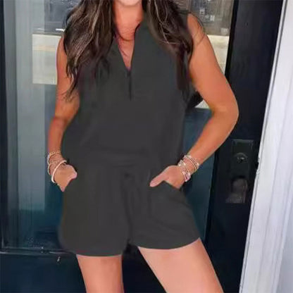 Women's Summer Half Zip Sleeveless Two-Piece Shorts Suit