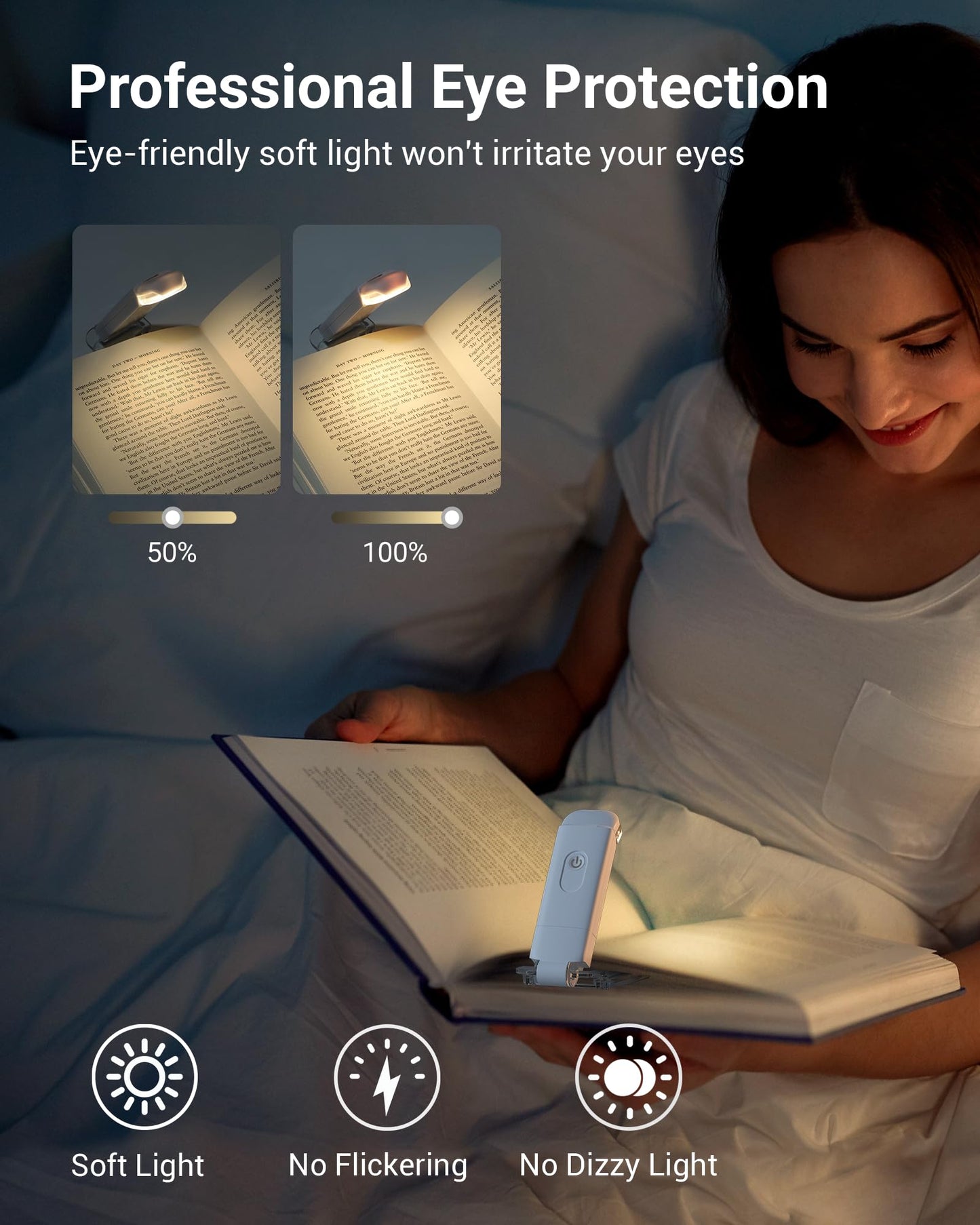 📖USB rechargeable book LED light with clip for reading in bed