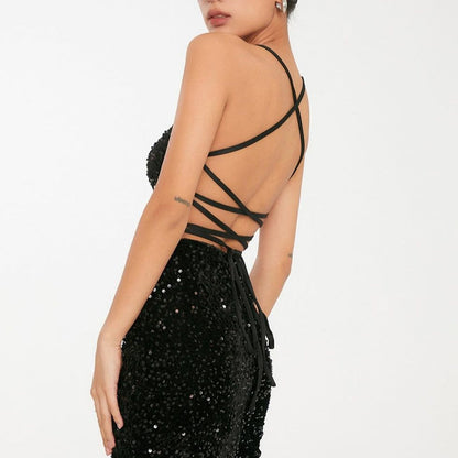 Women's Fashion Sequins Spaghetti Straps Backless Short Dress