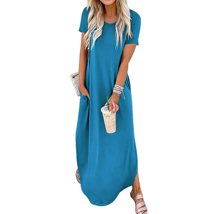 Women's Casual Loose Short Sleeve Pocket Split Maxi Dress