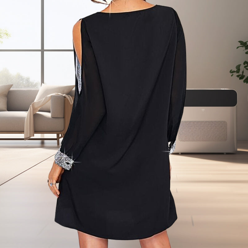 Glamorous Glitter Trimmed V-Neck Cold Shoulder Dress