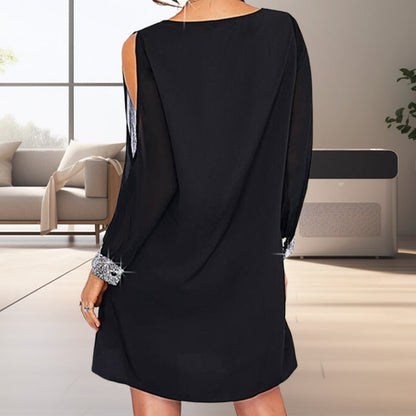 Glamorous Glitter Trimmed V-Neck Cold Shoulder Dress