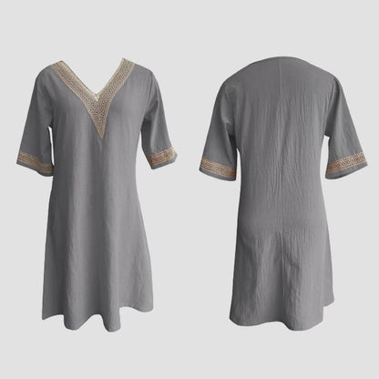 V-neck Lace-trimmed Cotton Linen Dress