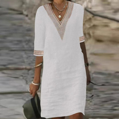 V-neck Lace-trimmed Cotton Linen Dress
