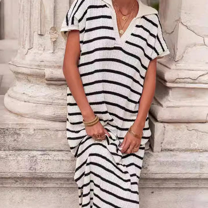 Women's V-Neck Striped Split Lapel Long Sweater Dress