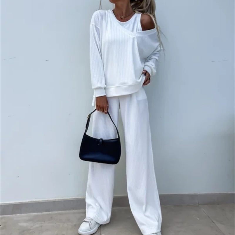 Women's Solid Color Vest & V-Neck Long Sleeve Top & Pants 3-Piece Set