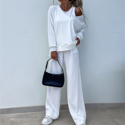 Women's Solid Color Vest & V-Neck Long Sleeve Top & Pants 3-Piece Set