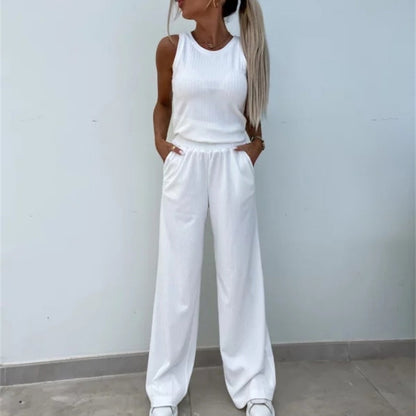 Women's Solid Color Vest & V-Neck Long Sleeve Top & Pants 3-Piece Set