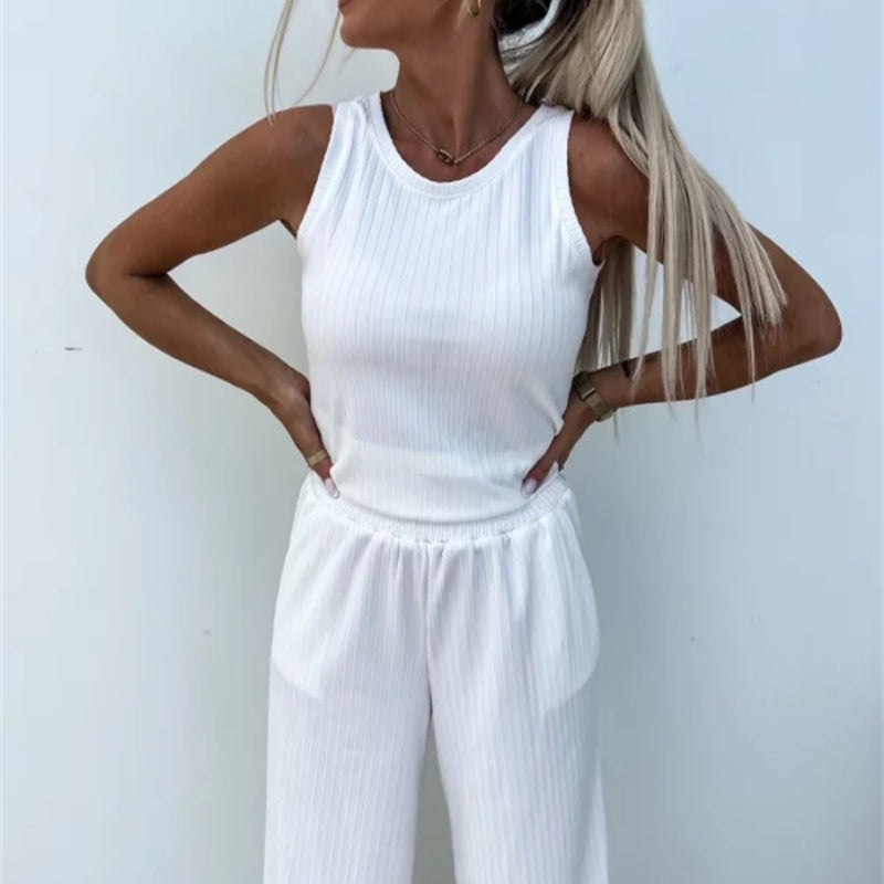 Women's Solid Color Vest & V-Neck Long Sleeve Top & Pants 3-Piece Set